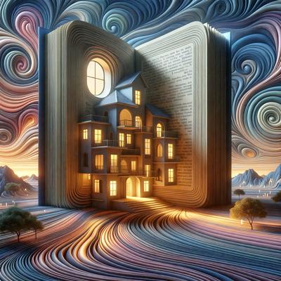 The primary subject of the image is a large book that is open and features a house on its pages. The book is positioned in a way that it appears to be a house, with the open pages creating the illusion of a building. The setting is a field, and the visual style is a combination of digital art and illustration. The colors and mood of the image are predominantly warm and inviting, with the book's pages creating a cozy and imaginative atmosphere.